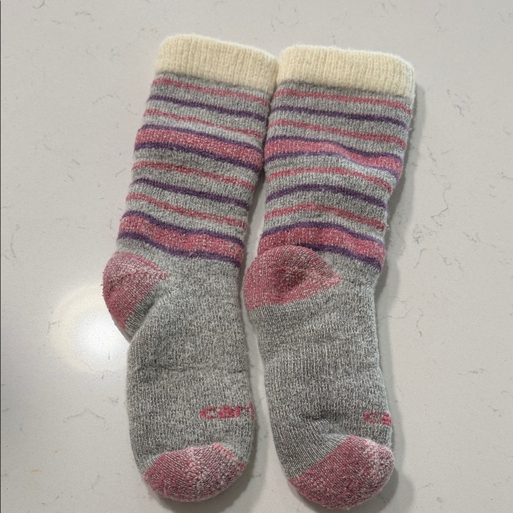 Carhartt Gray Crew Socks with Pink & Purple Stripes